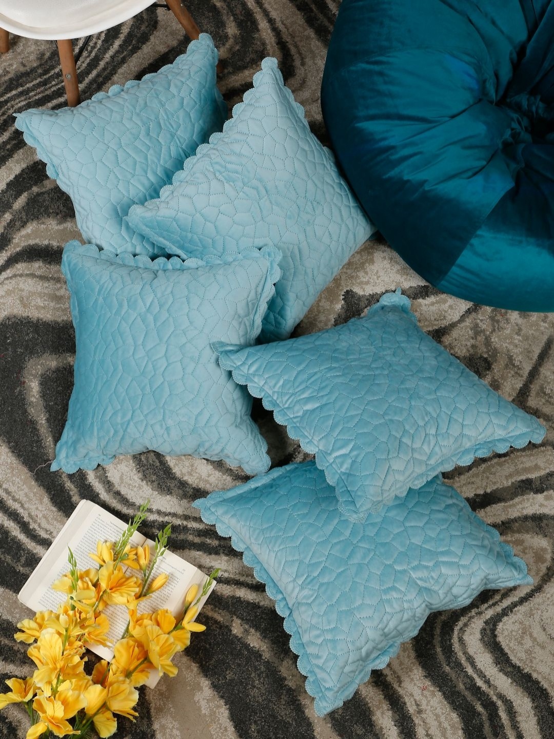 

HOSTA HOMES Turquoise Blue Set of 5 Embroidered Velvet Square Cushion Covers