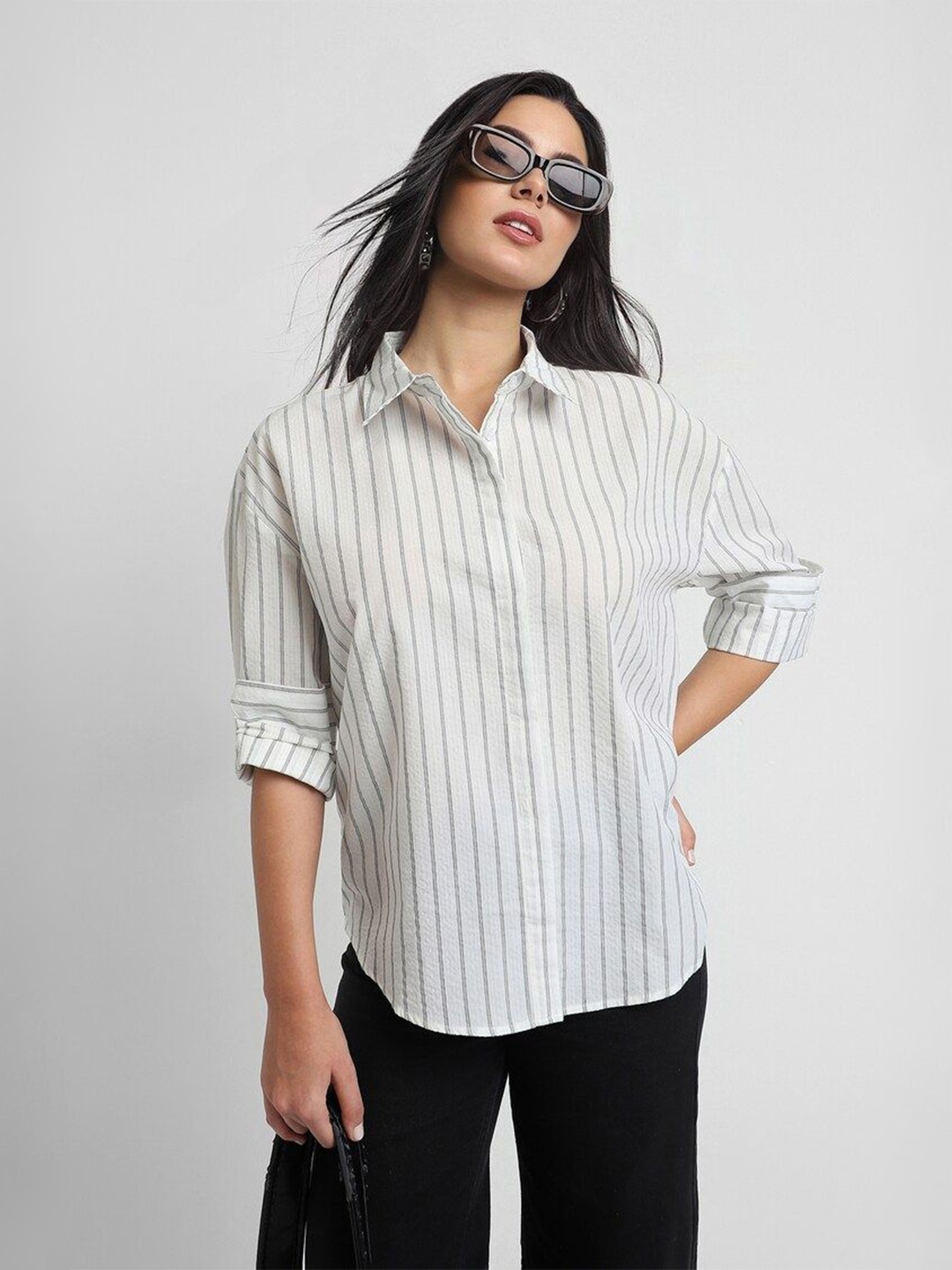 

FOREVER 21 Women Opaque Striped Casual Shirt, White