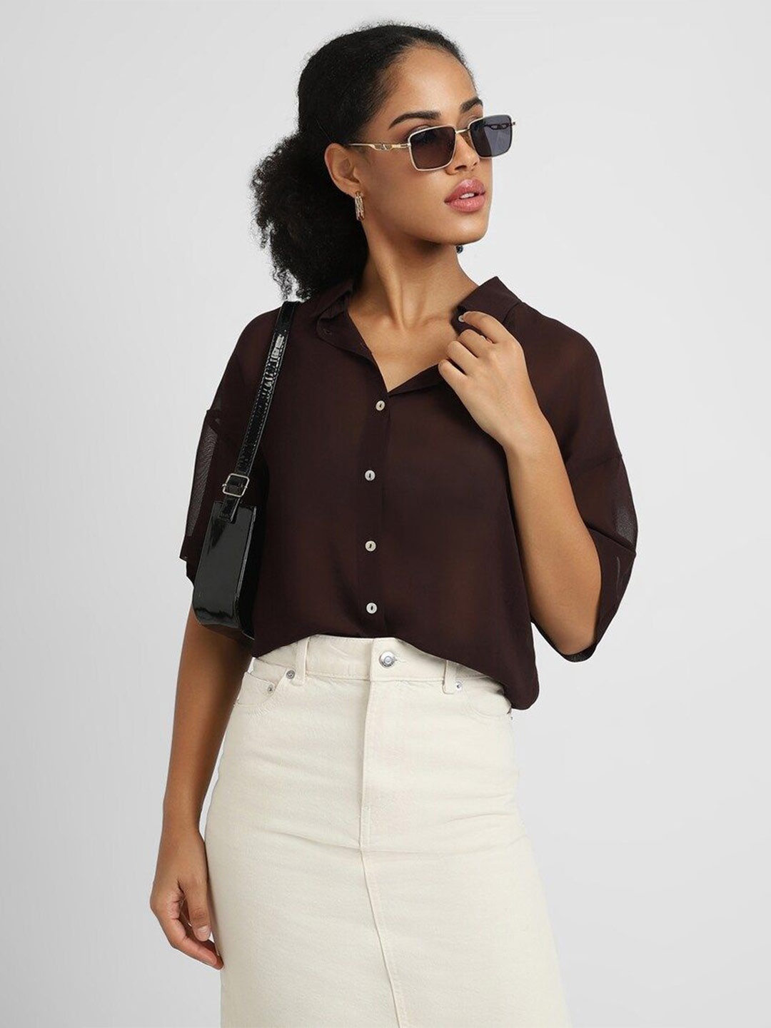 

FOREVER 21 Women Opaque Casual Shirt, Brown