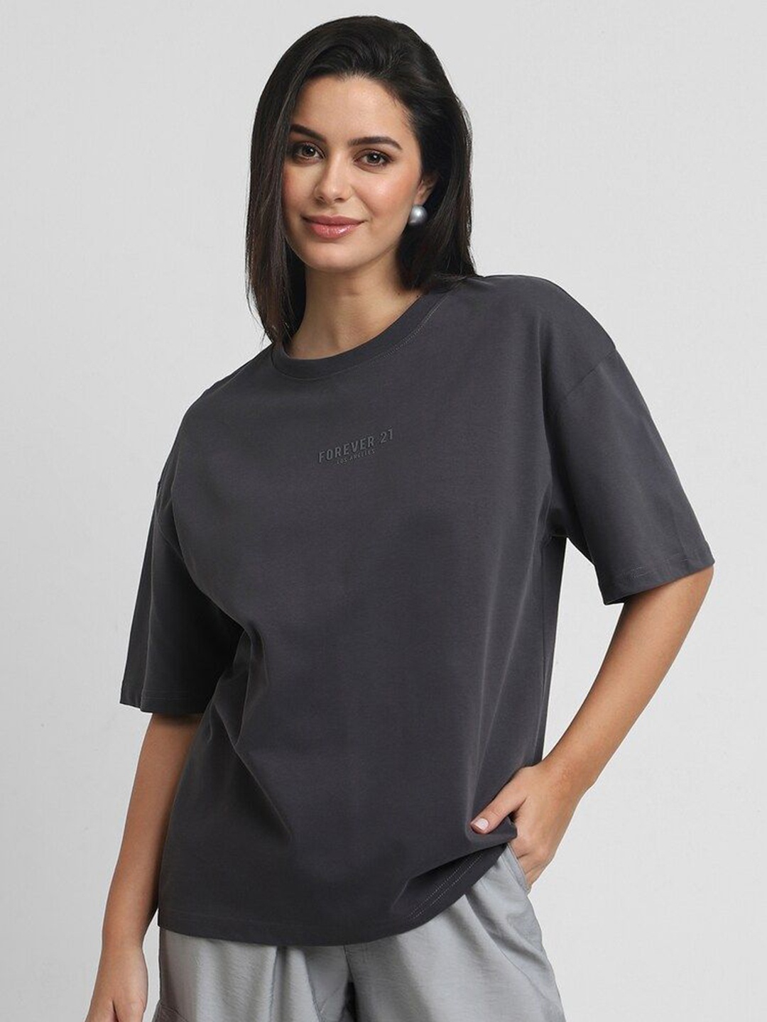 

FOREVER 21 Women Typography Drop-Shoulder Sleeves T-shirt, Grey