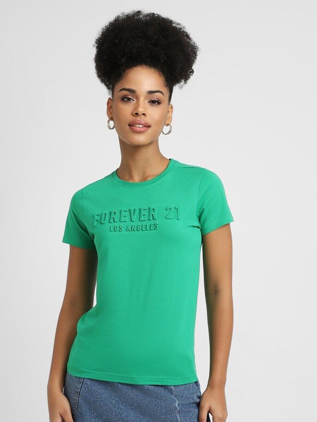 

FOREVER 21 Women Typography Printed Applique T-shirt, Green