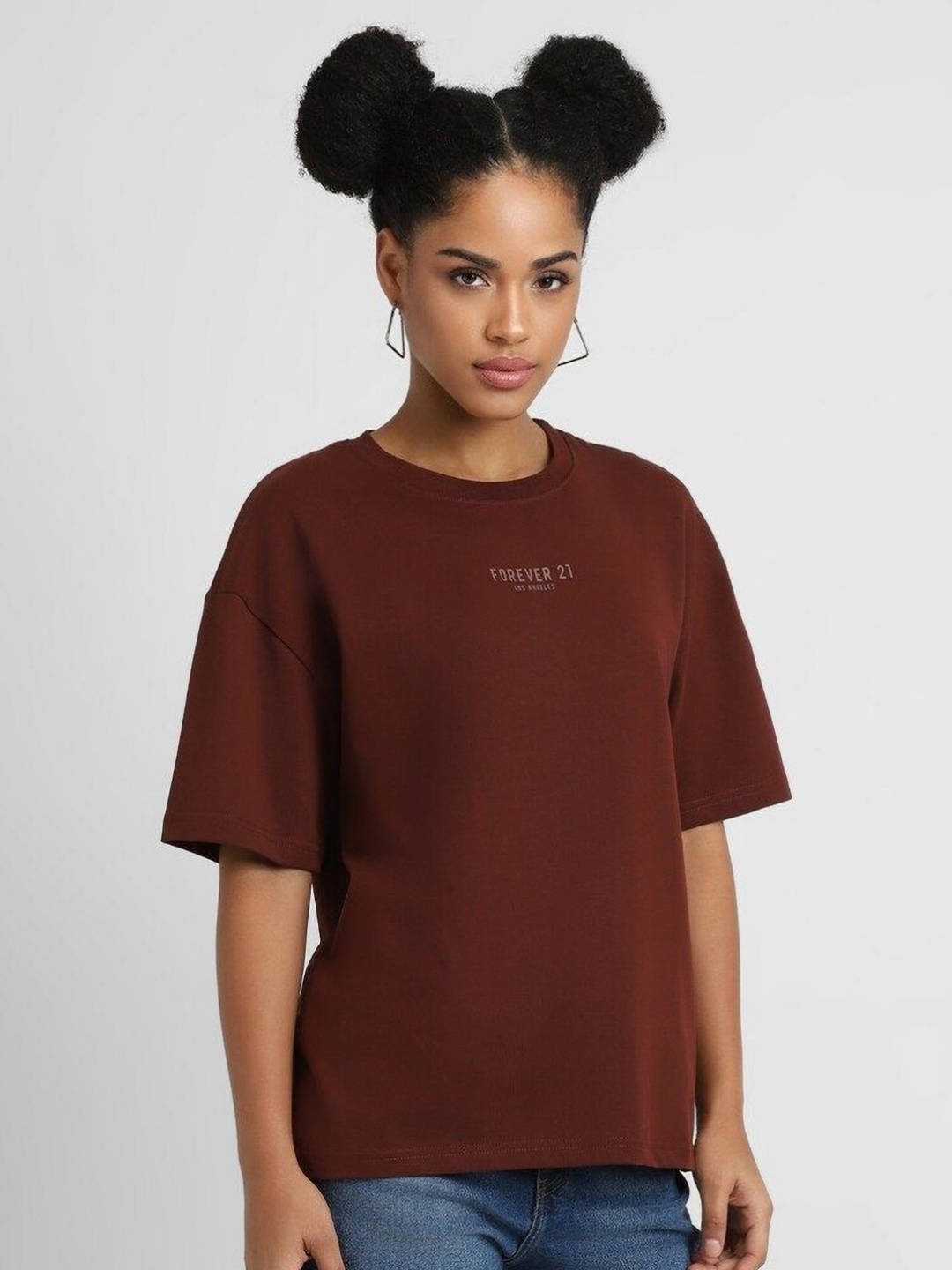 FOREVER 21 Women Typography Drop-Shoulder Sleeves T-shirt, Brown