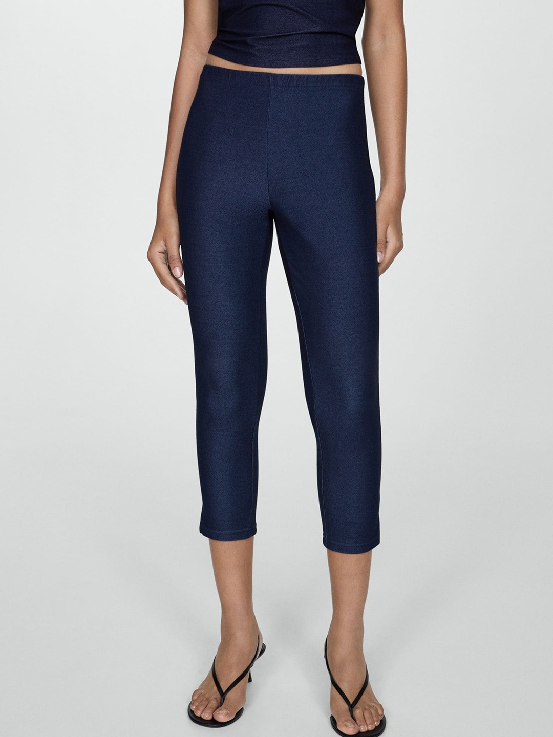 

MANGO Women Chambray Capri Leggings, Navy blue