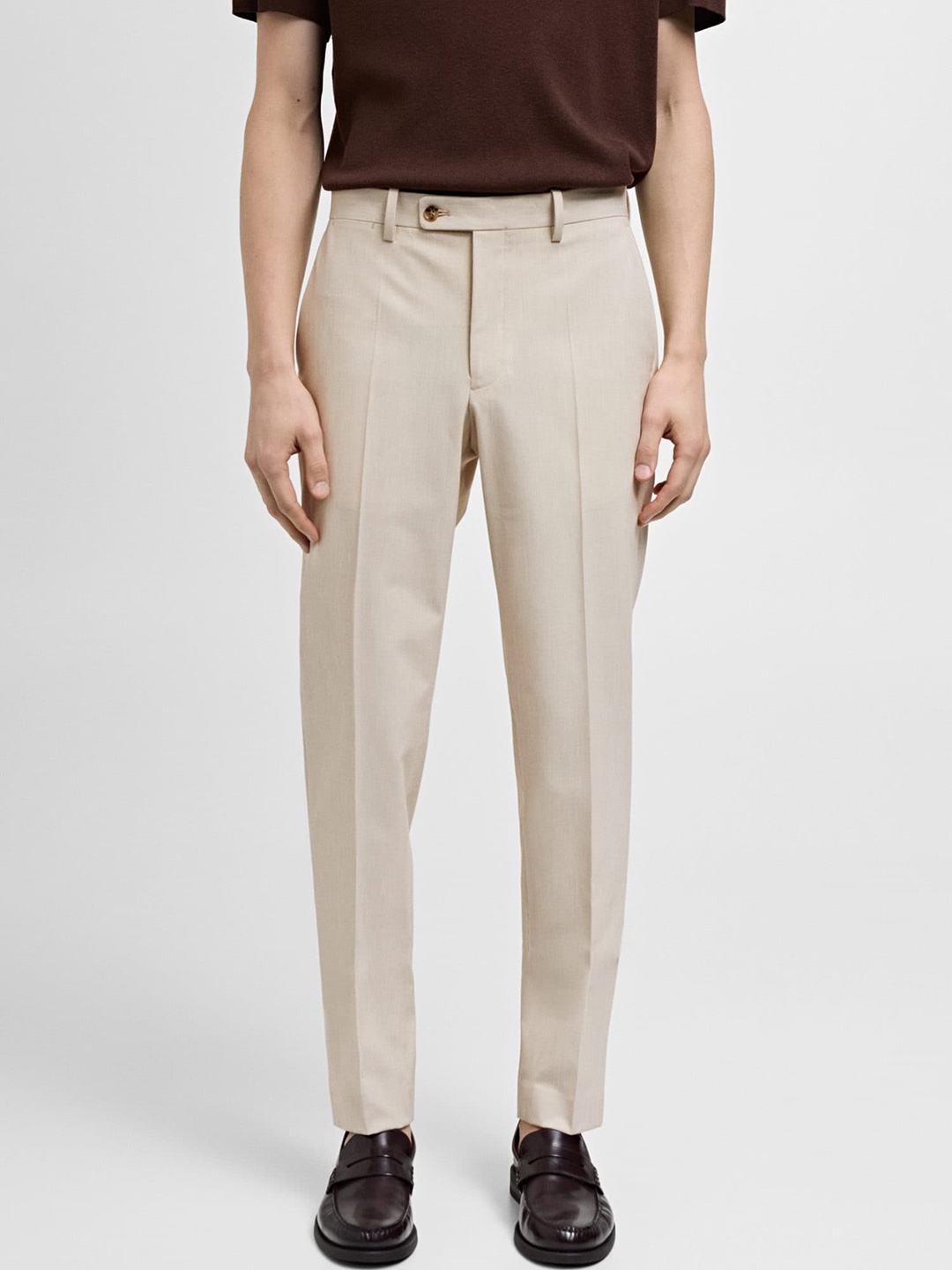 

MANGO MAN Striped Slim Fit Formal Trousers, Beige
