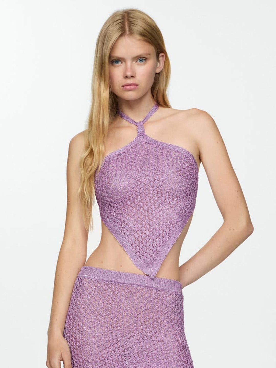 

MANGO Asymmetric Halter Neck Crochet Crop Top, Mauve