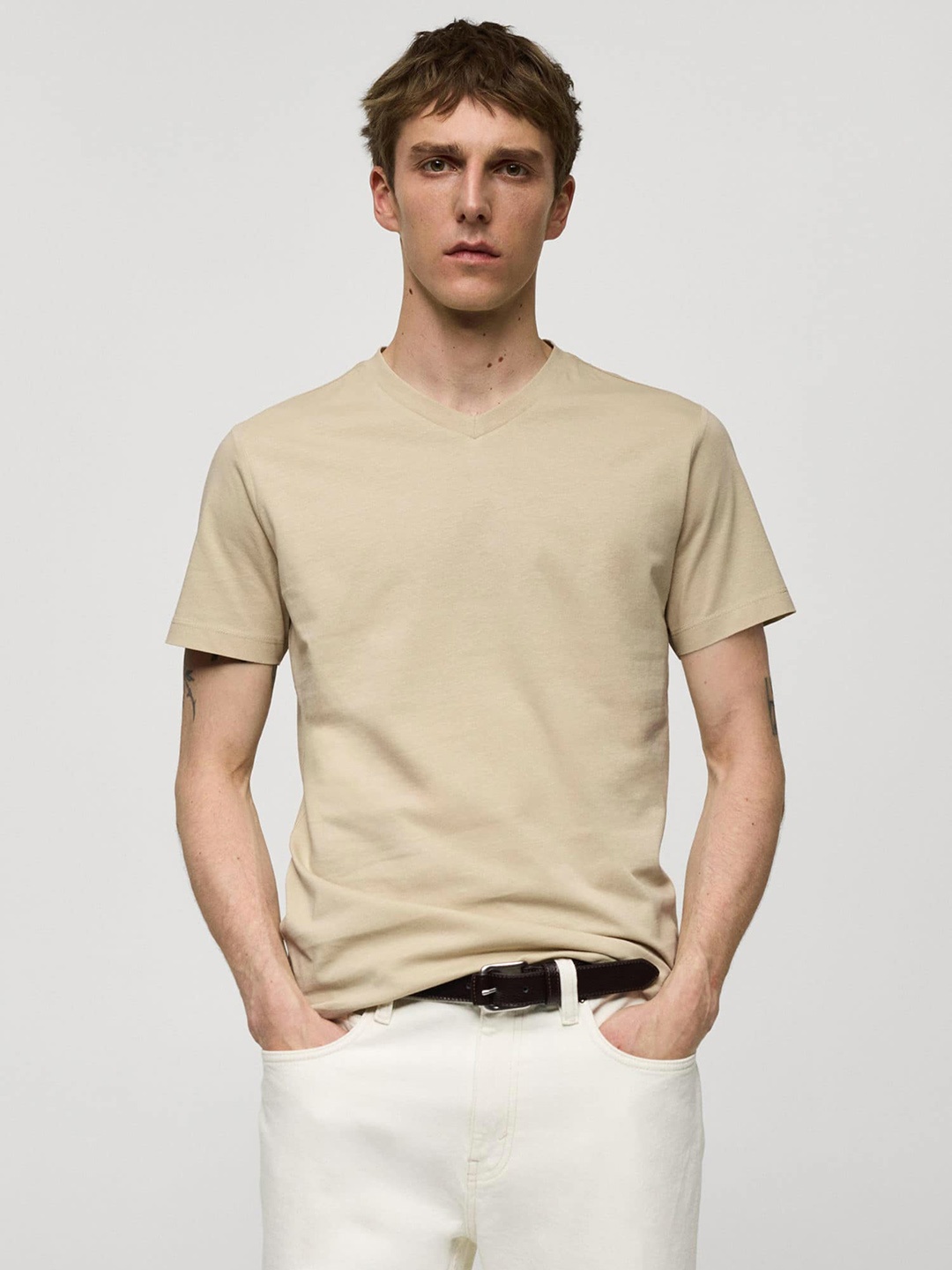 

MANGO MAN V-Neck Pure Cotton Slim Fit T-shirt, Beige
