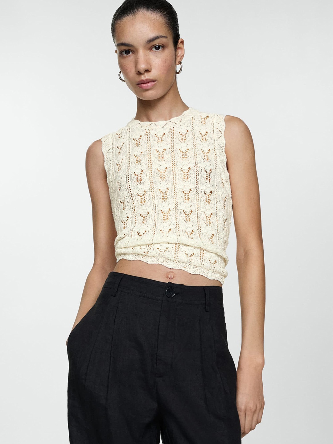 

MANGO Crochet Style Crop Top, Off white