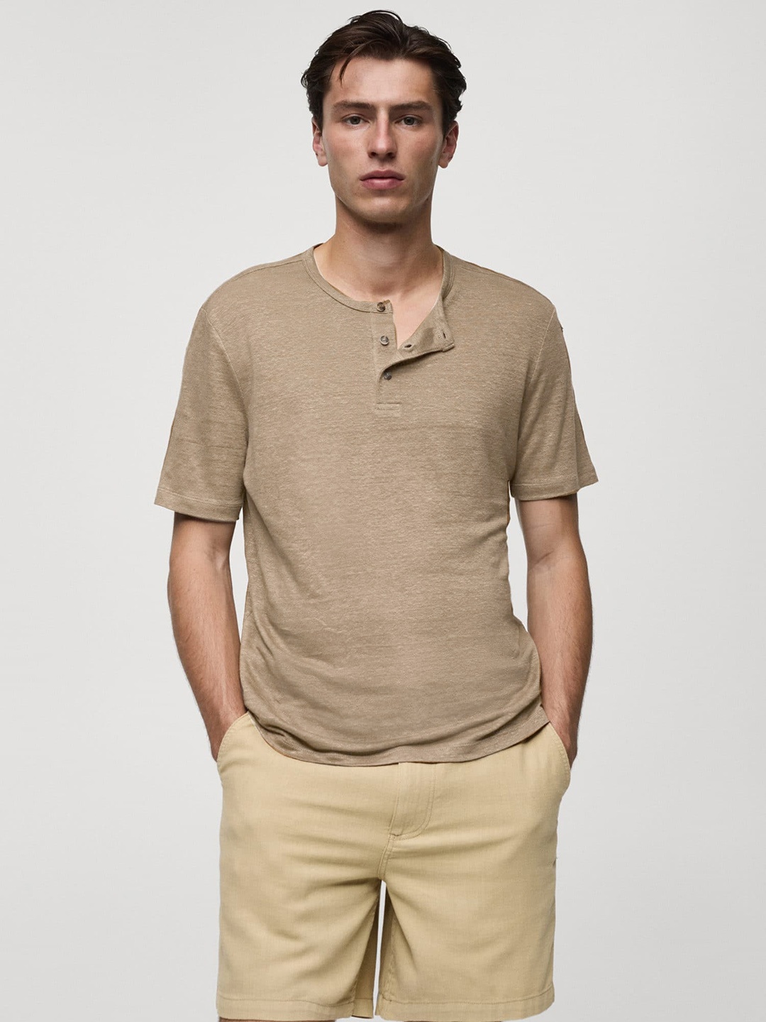 

MANGO MAN Henley Neck Linen Blend Slim Fit T-shirt, Beige