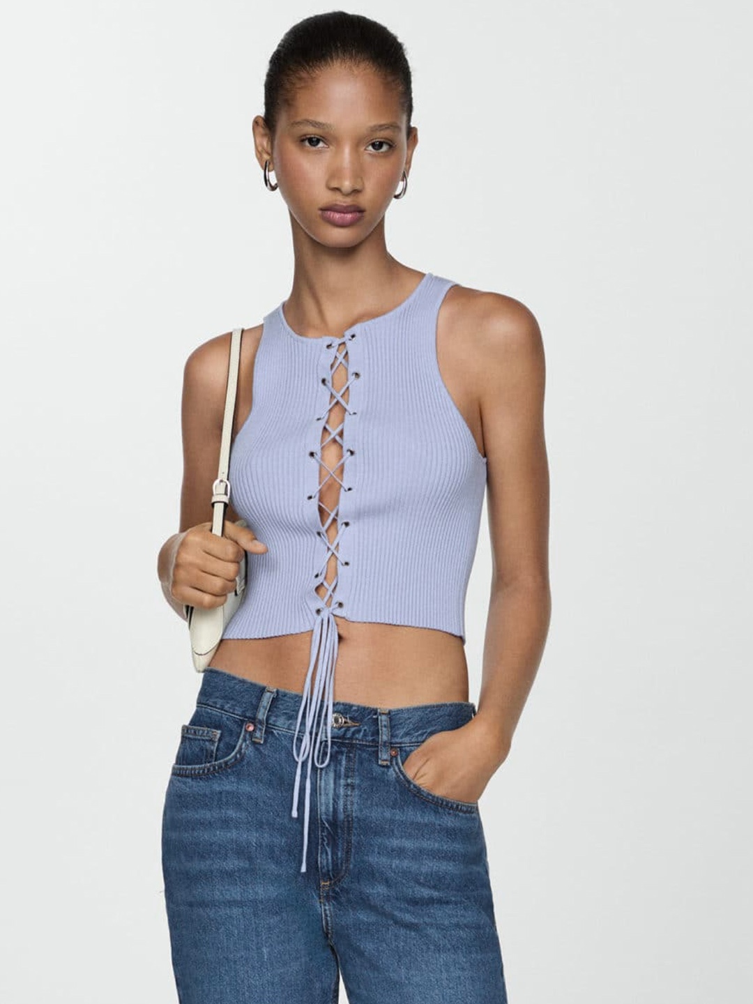 

MANGO Lace-Up Detail Knitted Crop Top, Blue
