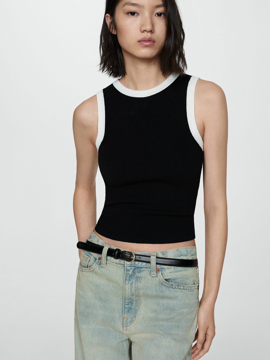 

MANGO Contrast Piping Knitted Top, Black