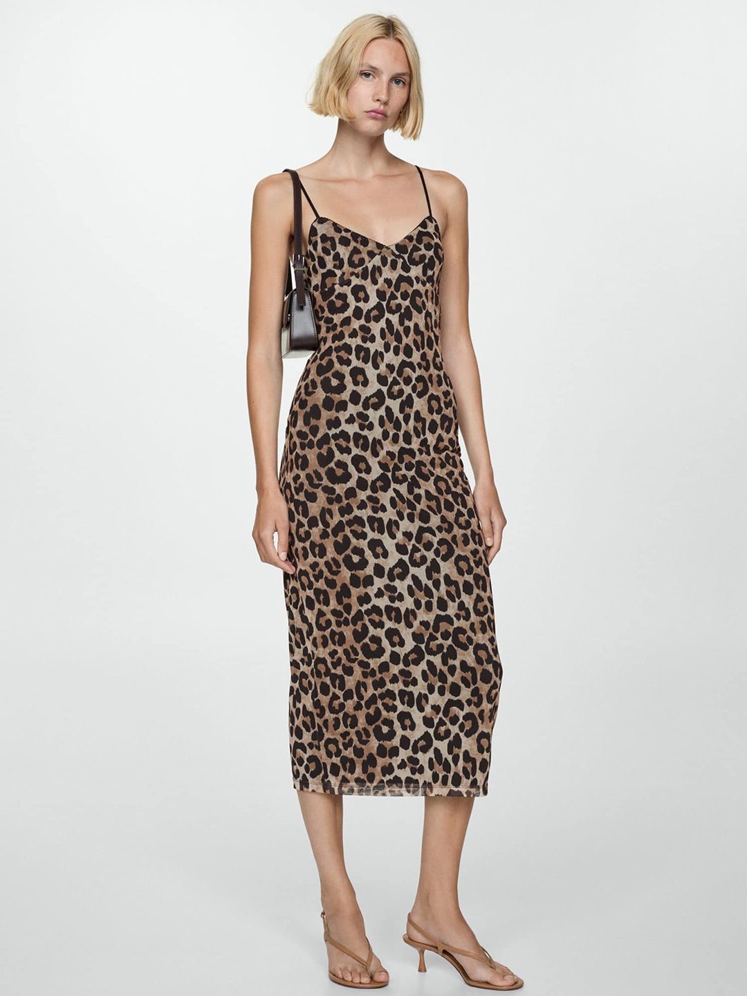 

MANGO Animal Print Sheath Midi Dress, Brown