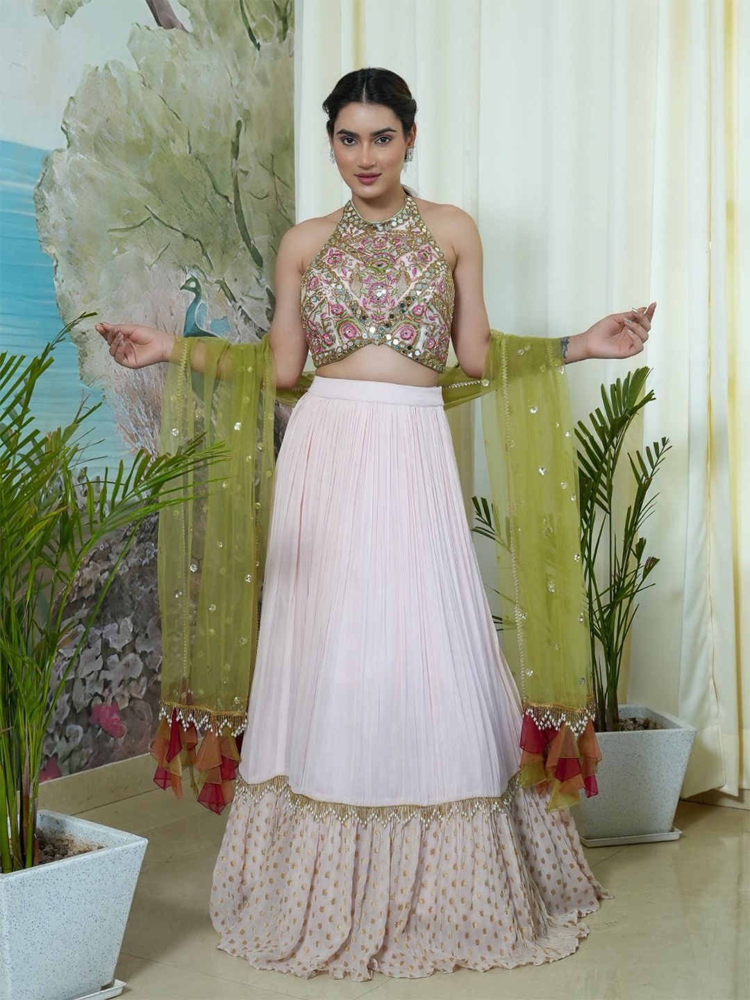 

ALIYANA Embellished Mirror Work Ready to Wear Lehenga & Blouse With Dupatta, Pink