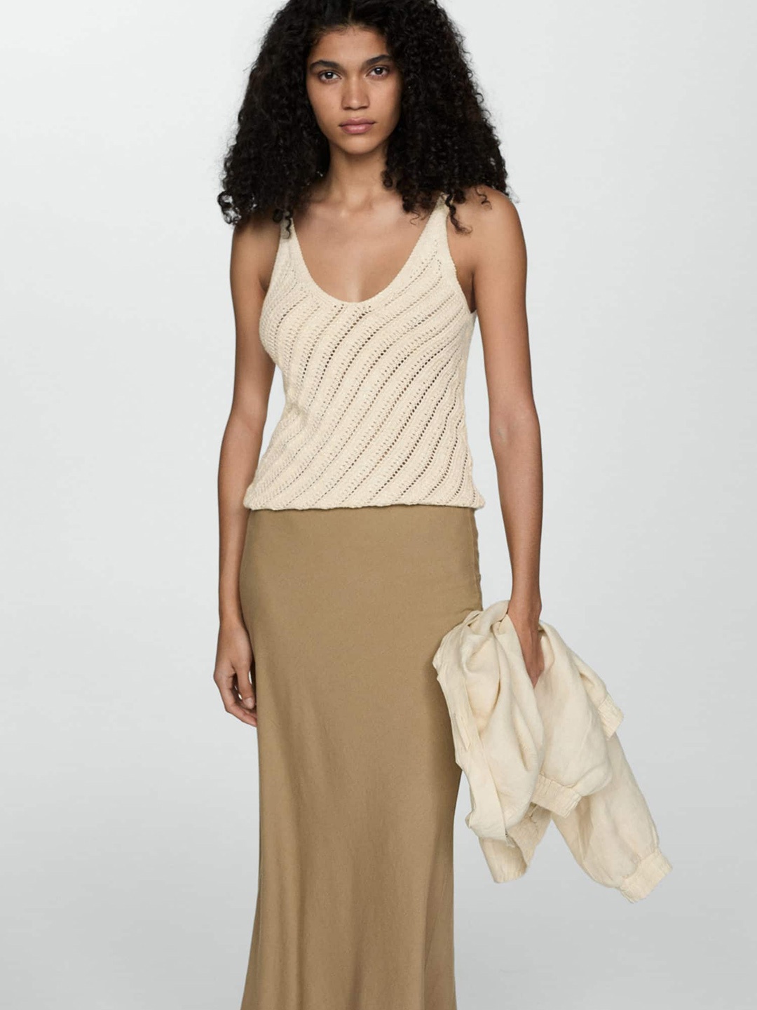 

MANGO Crochet Knitted Top, Cream