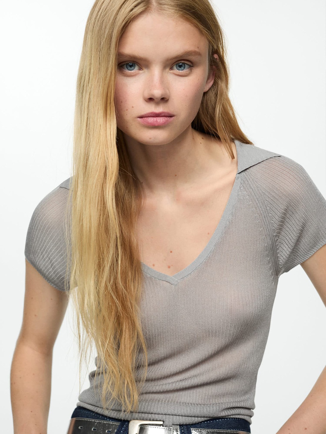 

MANGO Semi-Sheer Polo Collar T-shirt, Grey