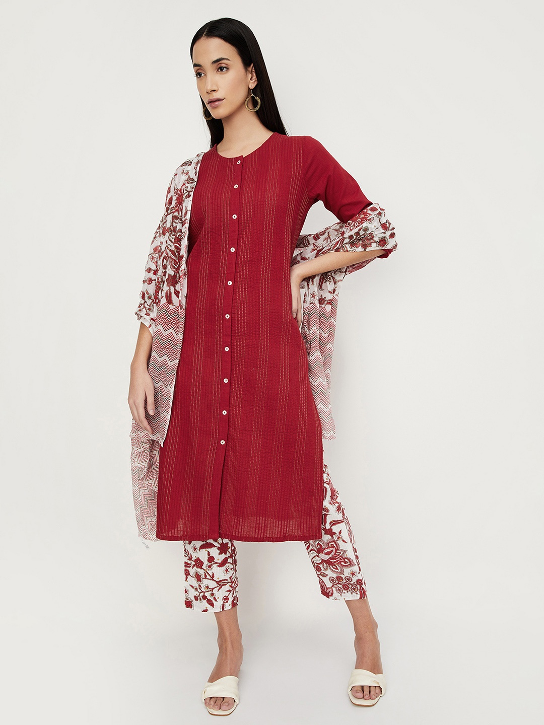 

max Women Striped Regular Kurta with Trousers & With Dupatta, Red