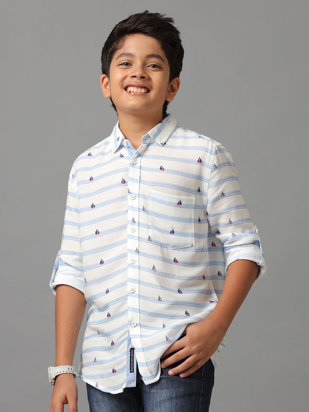 

UNDER FOURTEEN ONLY Boys Horizontal Stripes Opaque Striped Casual Shirt, Blue