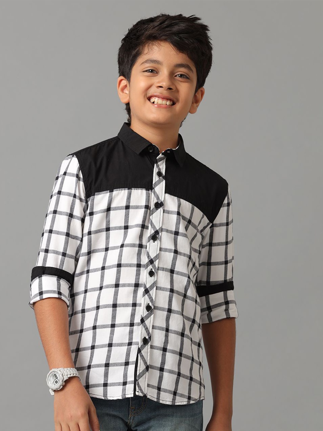 

UNDER FOURTEEN ONLY Boys Tartan Checks Opaque Checked Casual Shirt, White