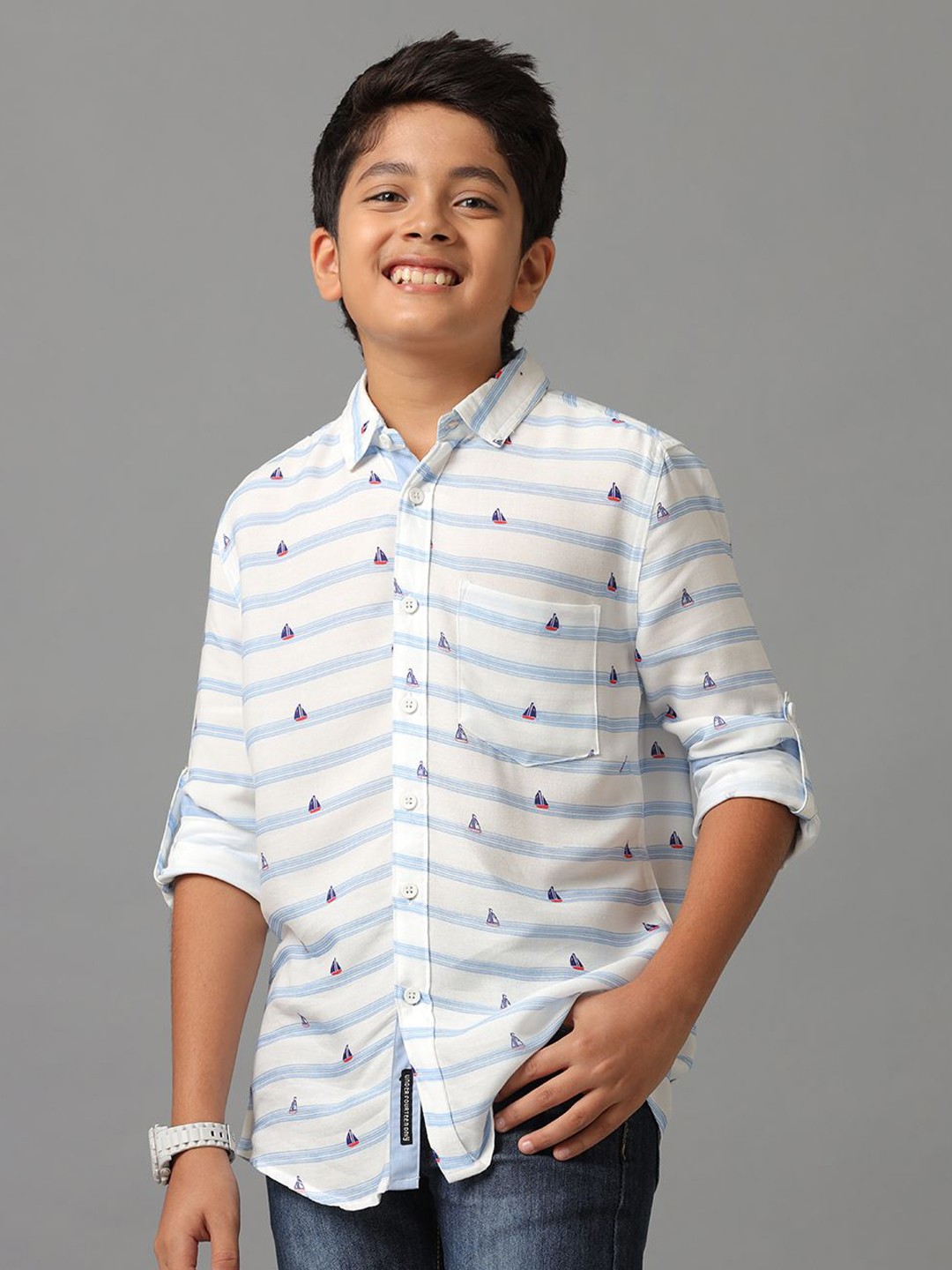 

UNDER FOURTEEN ONLY Boys Horizontal Stripes Opaque Striped Casual Shirt, Blue