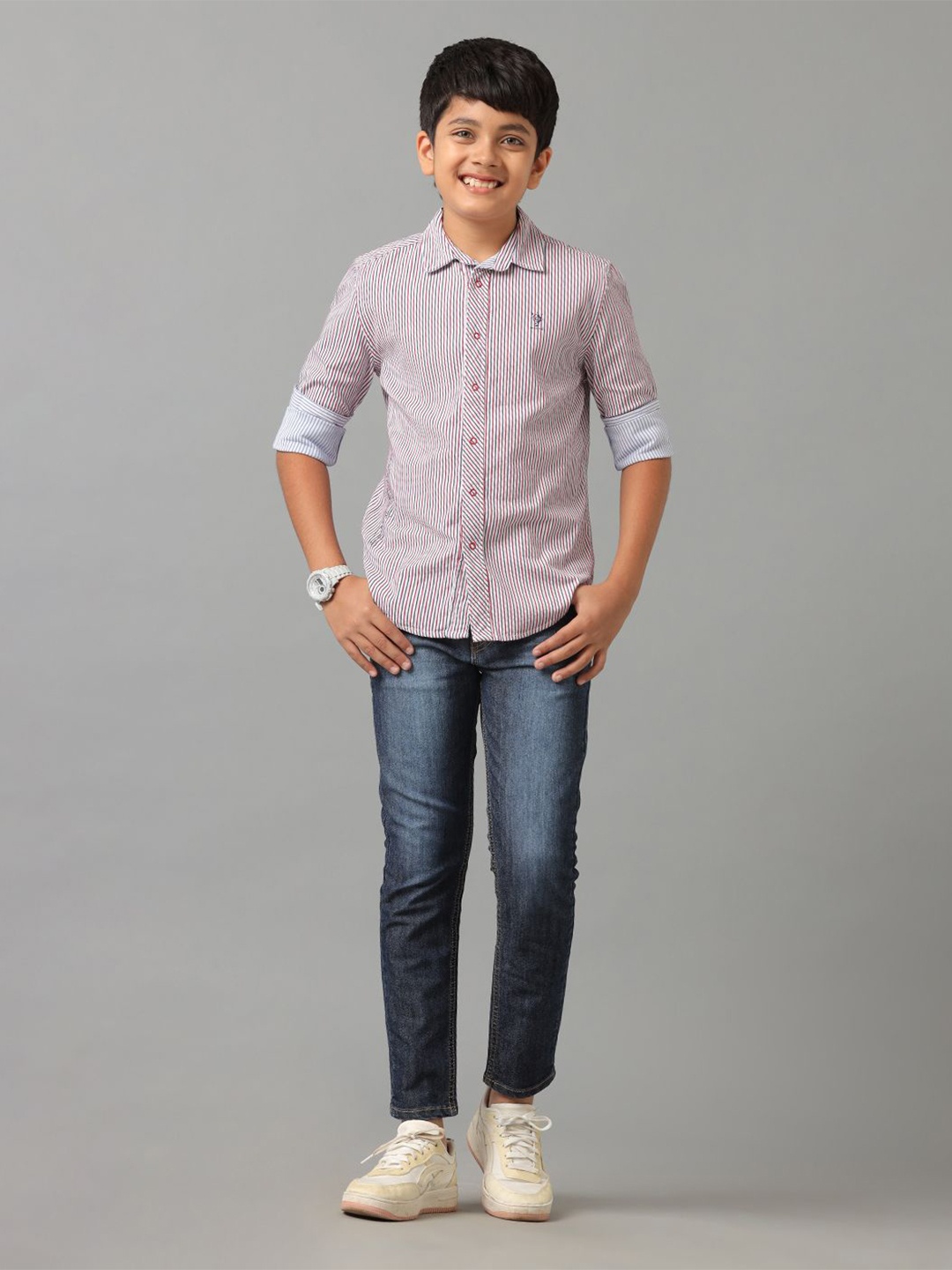 

UNDER FOURTEEN ONLY Boys Opaque Striped Casual Shirt, Navy blue