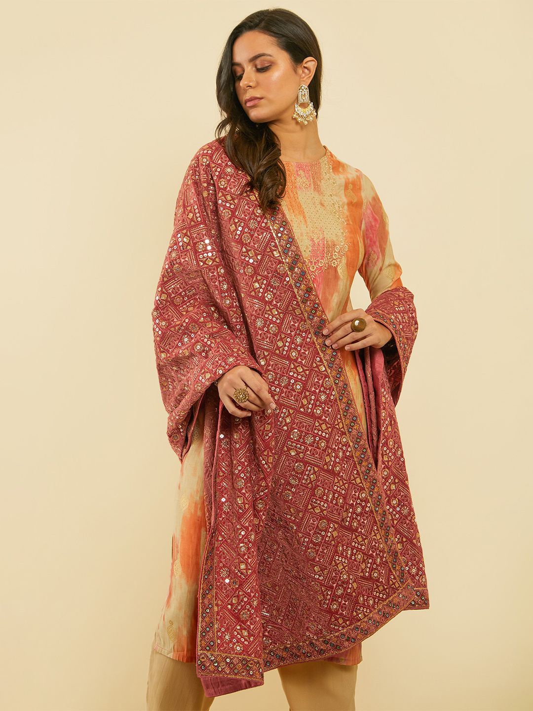 

Soch Printed Velvet Dupatta with Sequinned, Brown