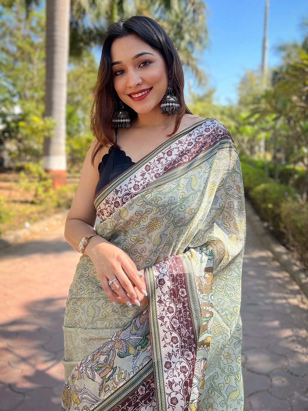 

PATLIPALLU Ethnic Motifs Art Silk Banarasi Saree, Olive