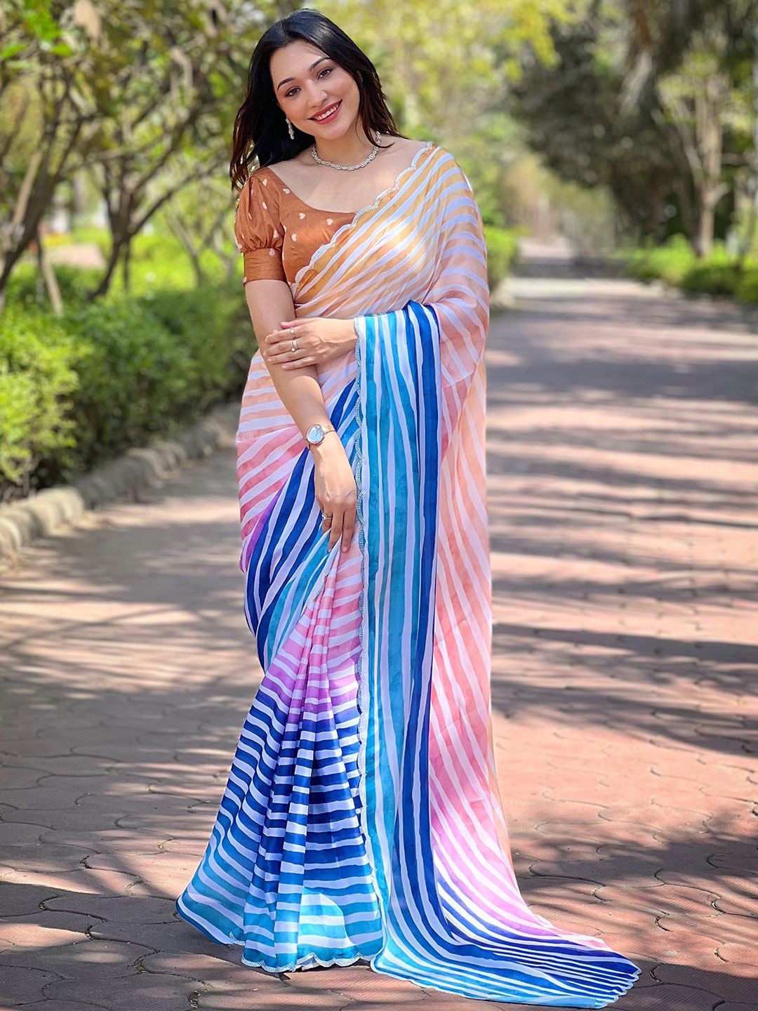 

PATLIPALLU Striped Beads and Stones Satin Saree, Blue