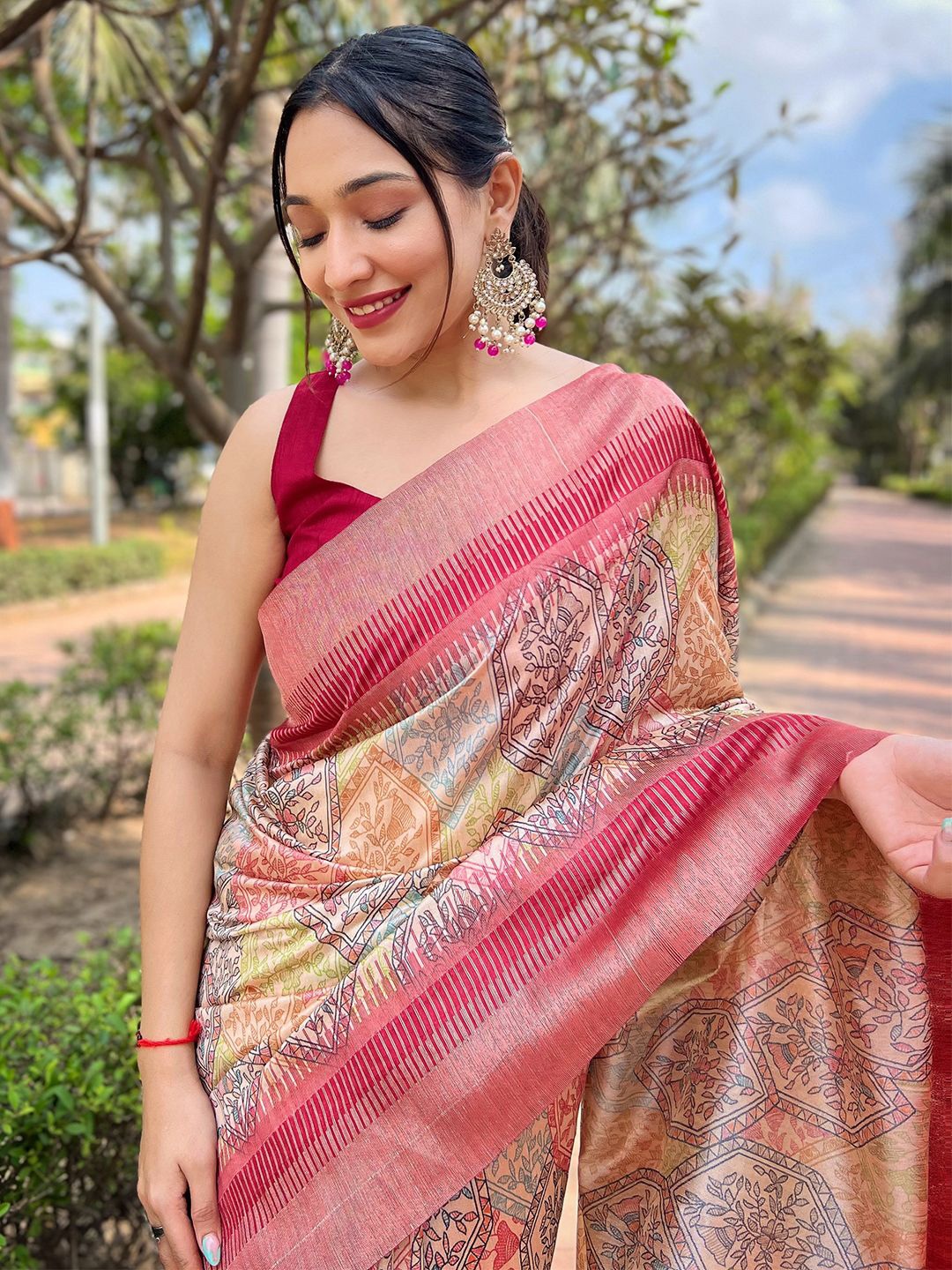 

PATLIPALLU Kalamkari Art Silk Tussar Saree, Pink