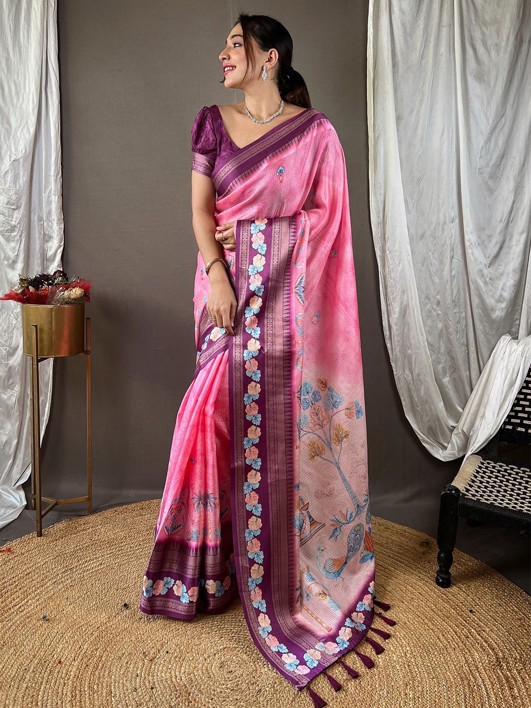 

PATLIPALLU Kalamkari Zari Art Silk Kota Saree, Pink