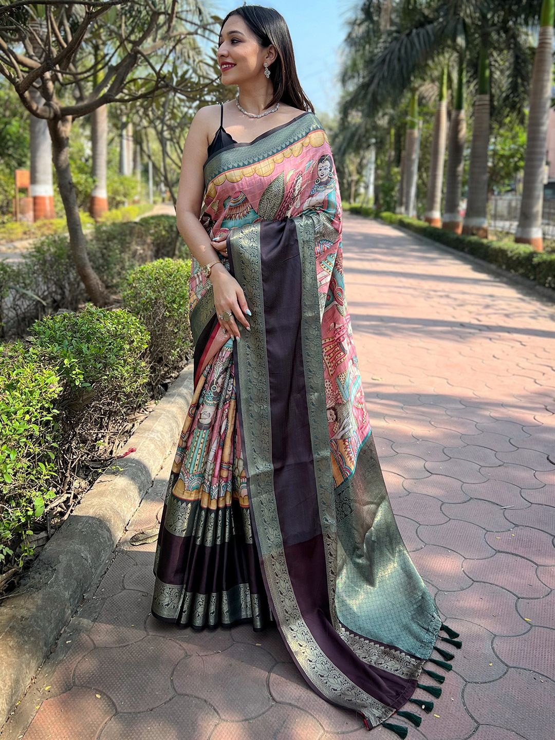 

PATLIPALLU Kalamkari Zari Art Silk Banarasi Saree, Pink