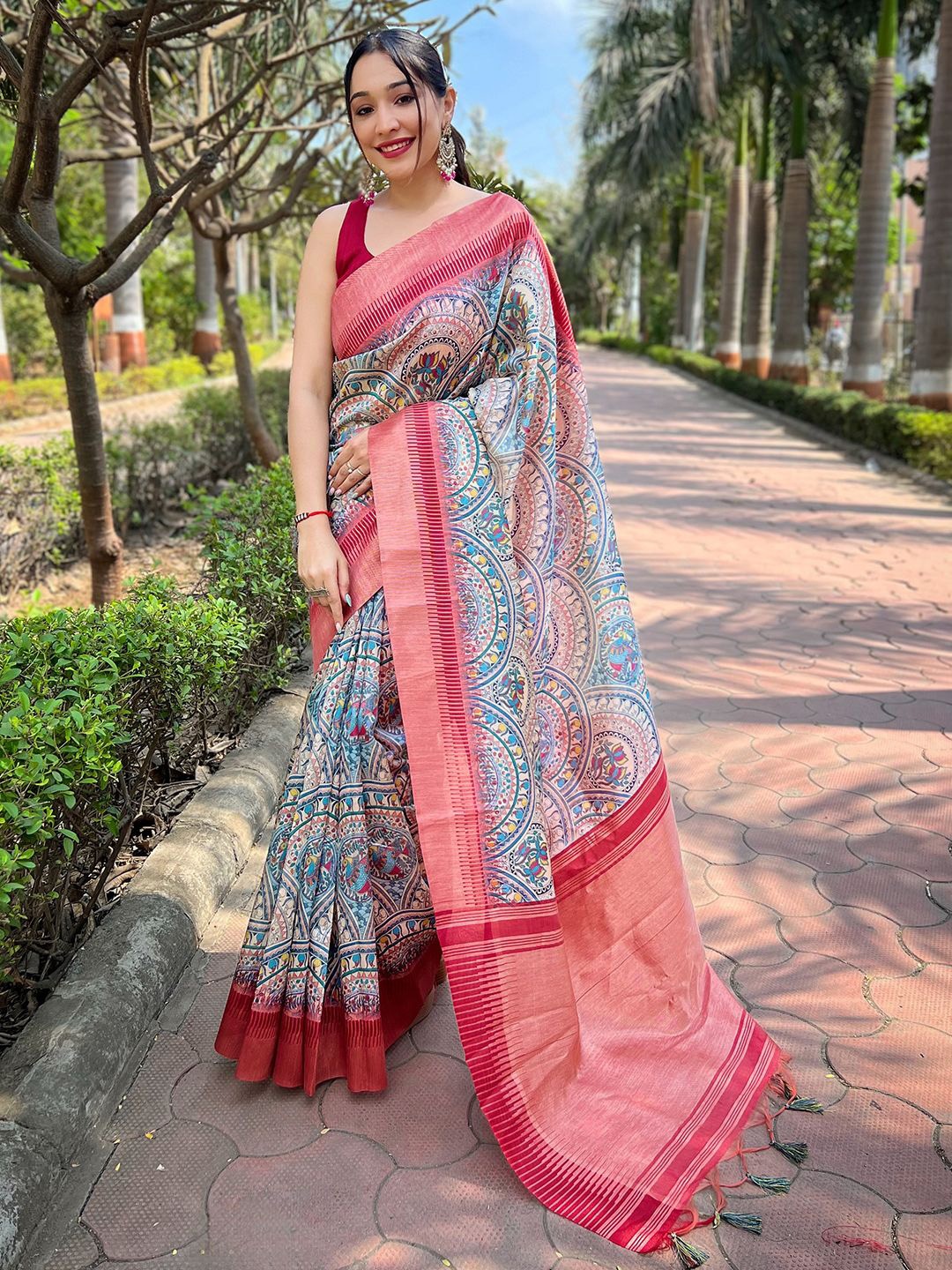 

PATLIPALLU Kalamkari Zari Art Silk Tussar Saree, Blue