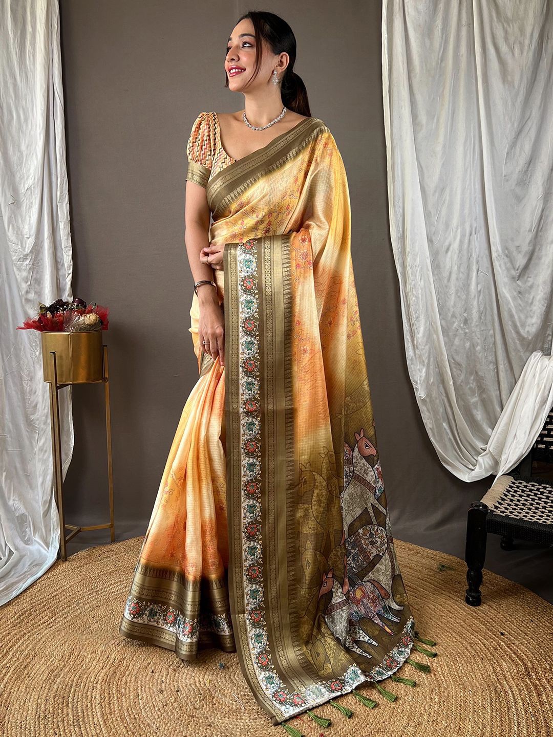 

PATLIPALLU Kalamkari Zari Art Silk Kota Saree, Yellow