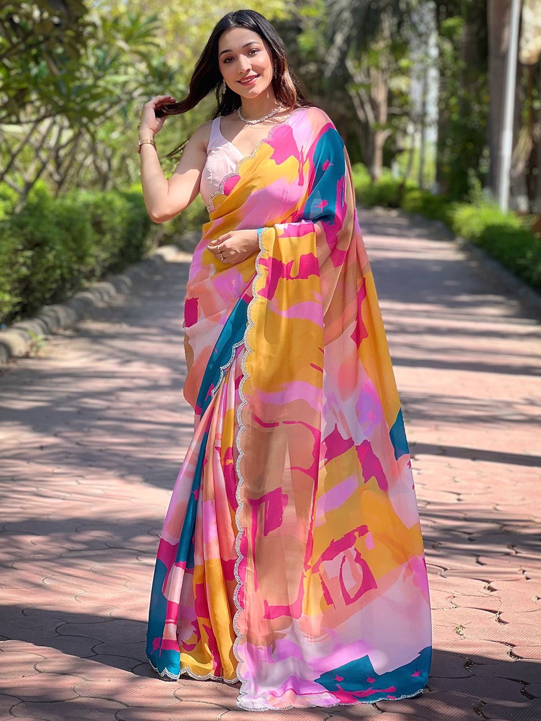 

PATLIPALLU Beads and Stones Satin Saree, Orange