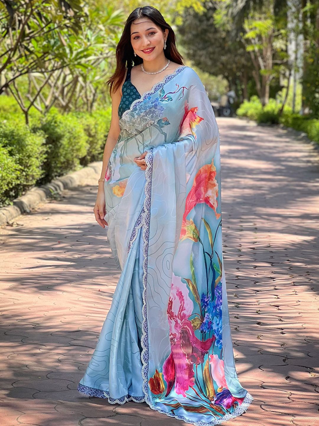 

PATLIPALLU Floral Beads and Stones Satin Saree, Blue