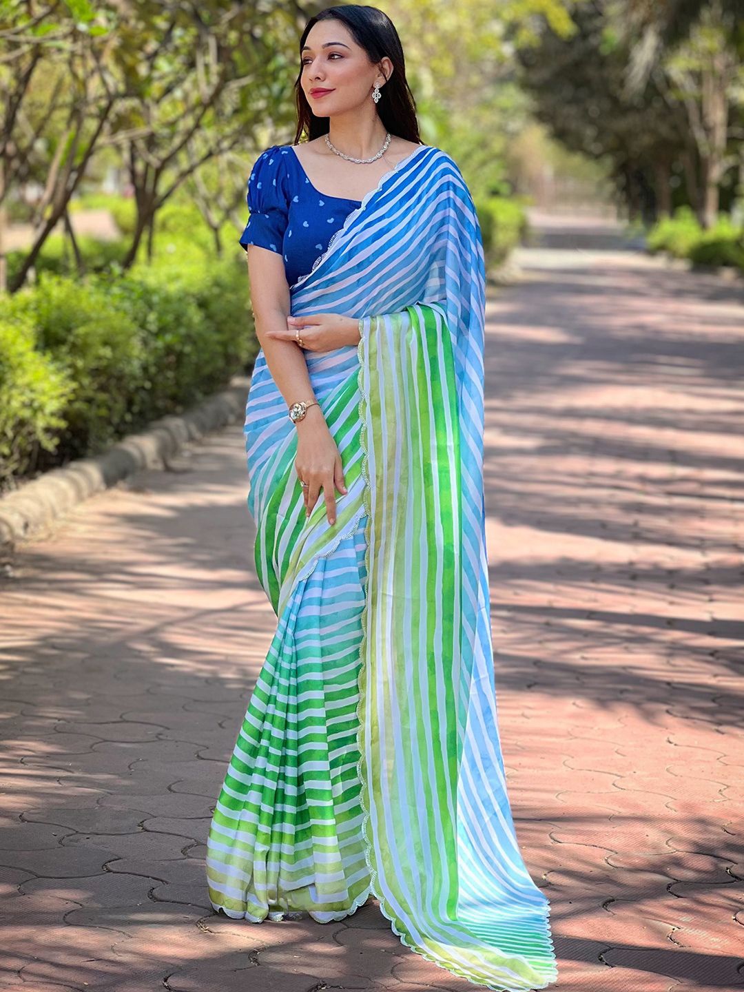 

PATLIPALLU Striped Beads and Stones Satin Saree, Blue