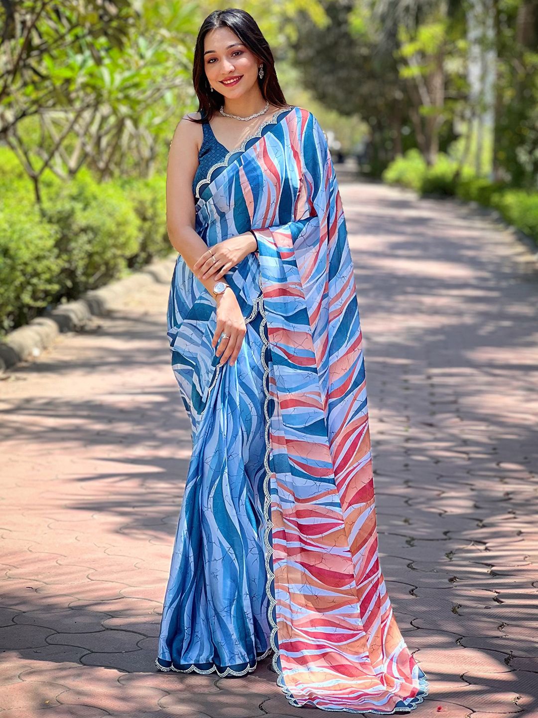 

PATLIPALLU Beads and Stones Satin Saree, Blue