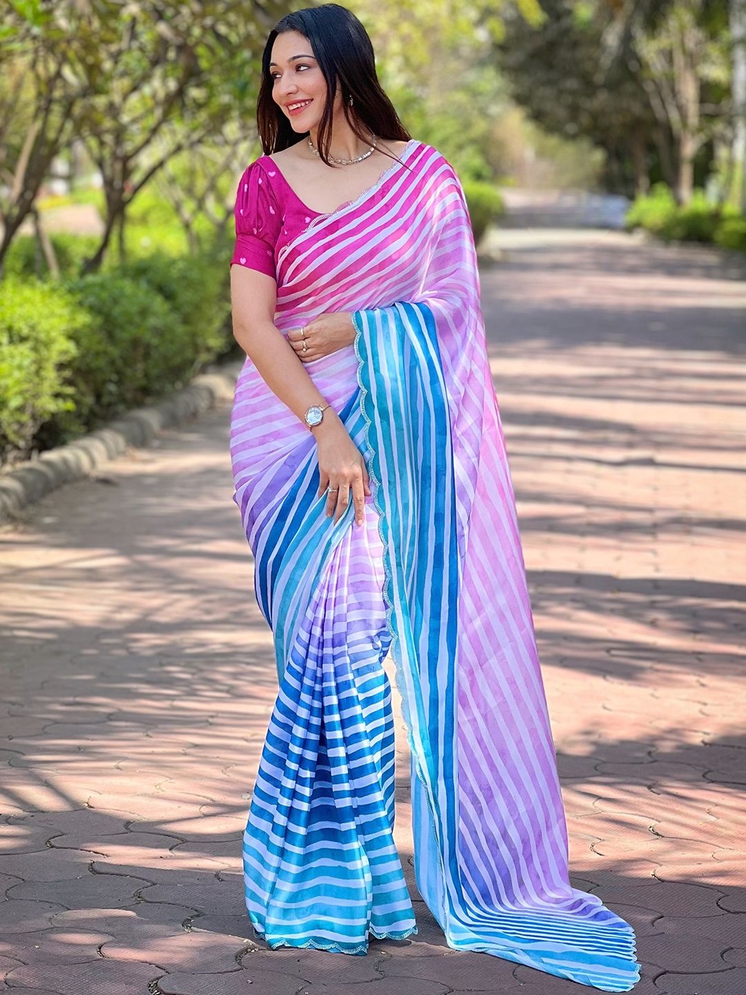 

PATLIPALLU Striped Beads and Stones Satin Saree, Blue