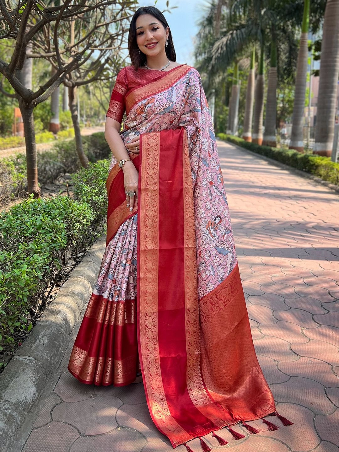 

PATLIPALLU Kalamkari Zari Art Silk Banarasi Saree, Pink