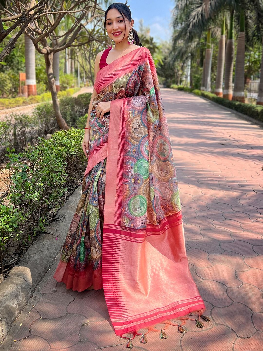 

PATLIPALLU Kalamkari Art Silk Tussar Saree, Blue