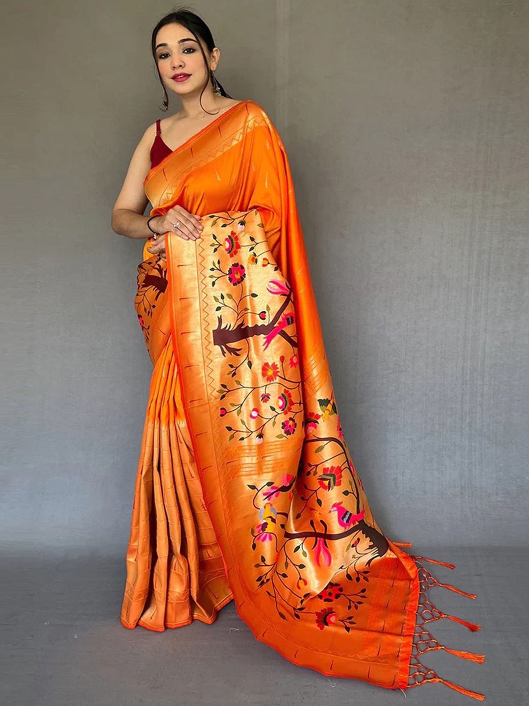 

PATLIPALLU Woven Design Zari Art Silk Banarasi Saree, Orange