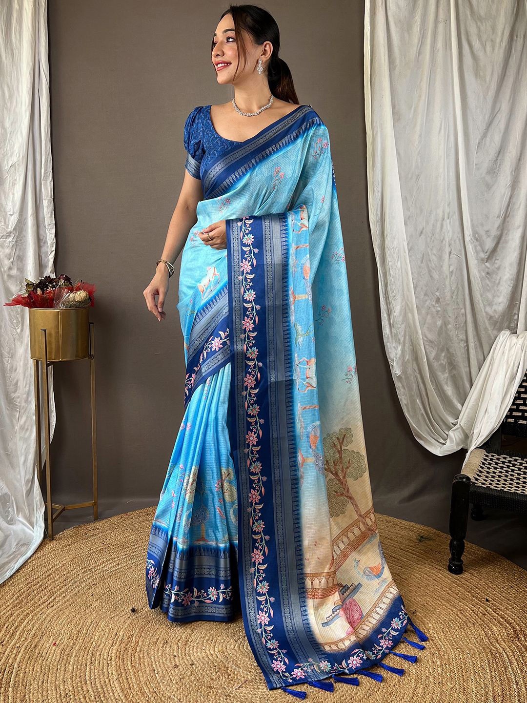 

PATLIPALLU Kalamkari Zari Art Silk Kota Saree, Blue