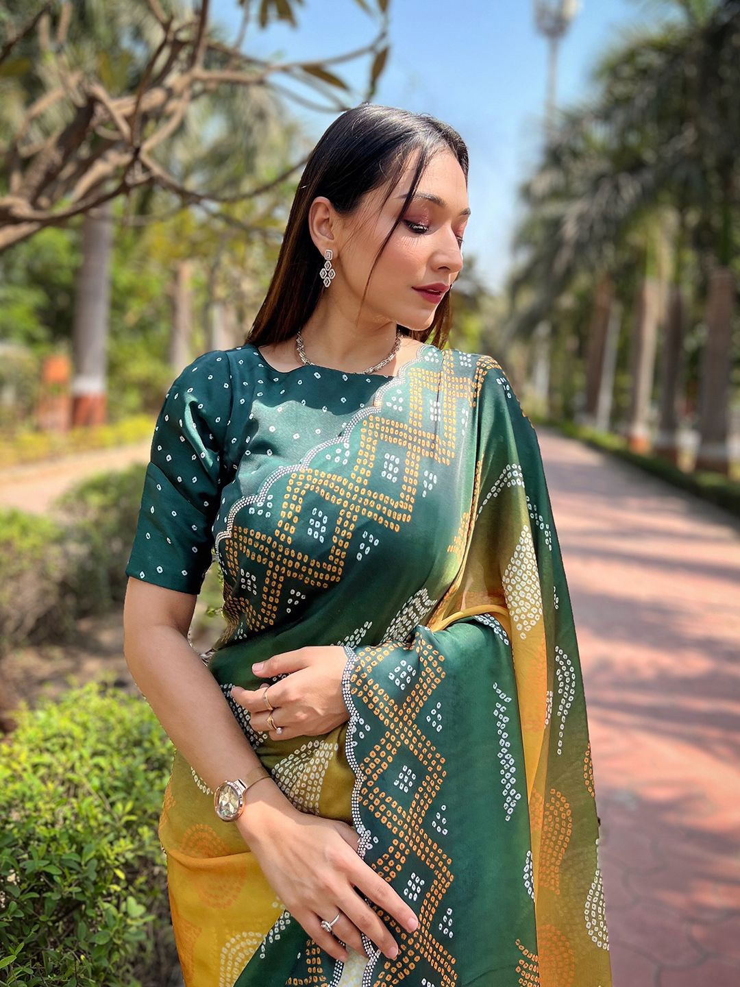 

PATLIPALLU Bandhani Beads and Stones Satin Saree, Yellow