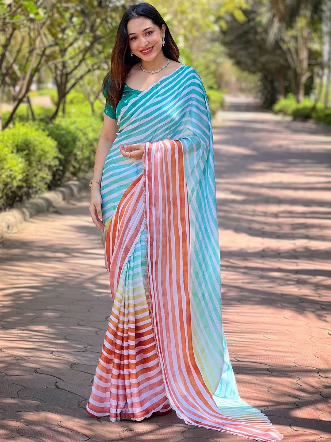 

PATLIPALLU Striped Beads and Stones Satin Saree, Blue