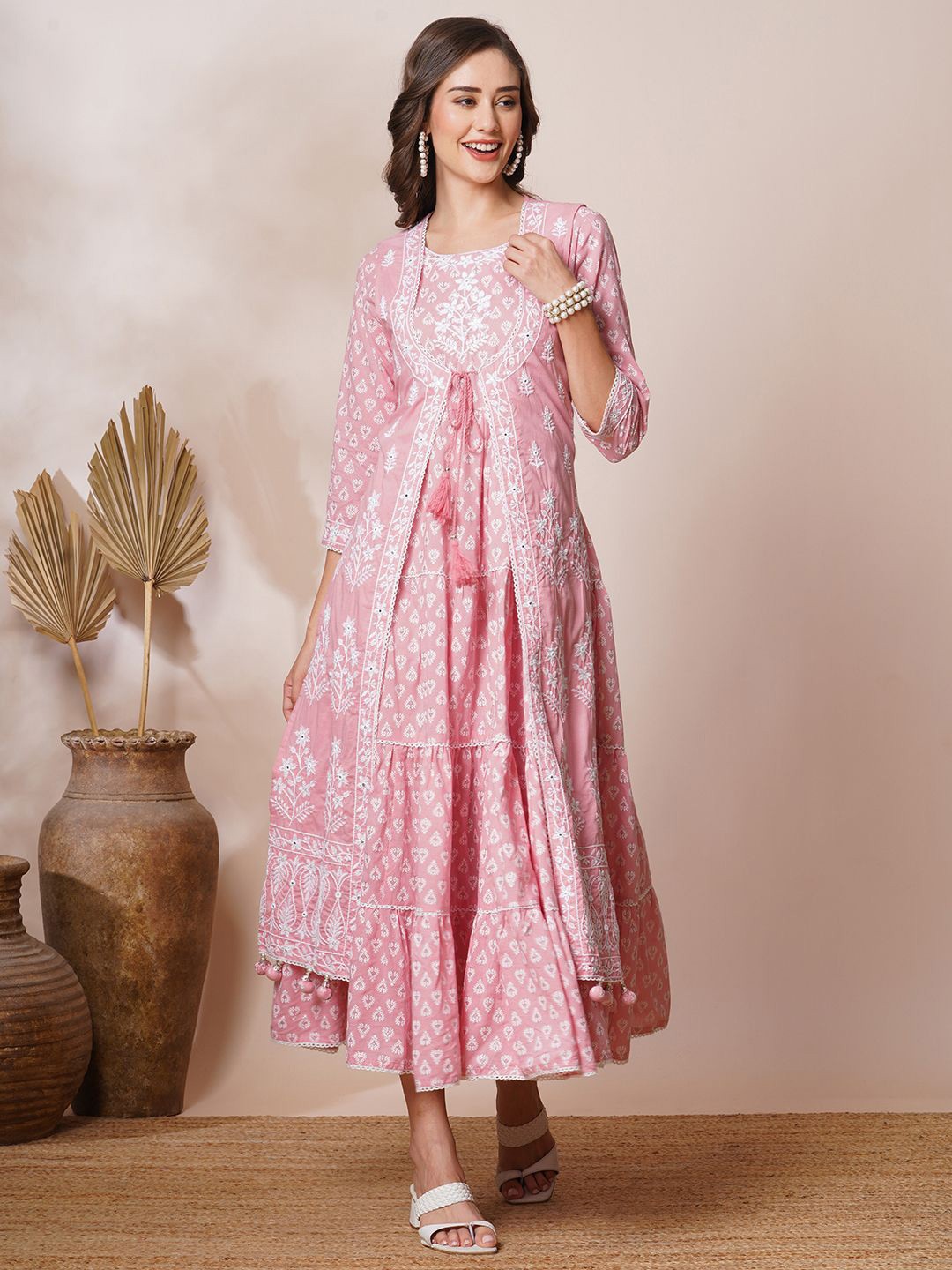 

FASHOR Ethnic Motifs Print A-Line Midi Dress, Pink