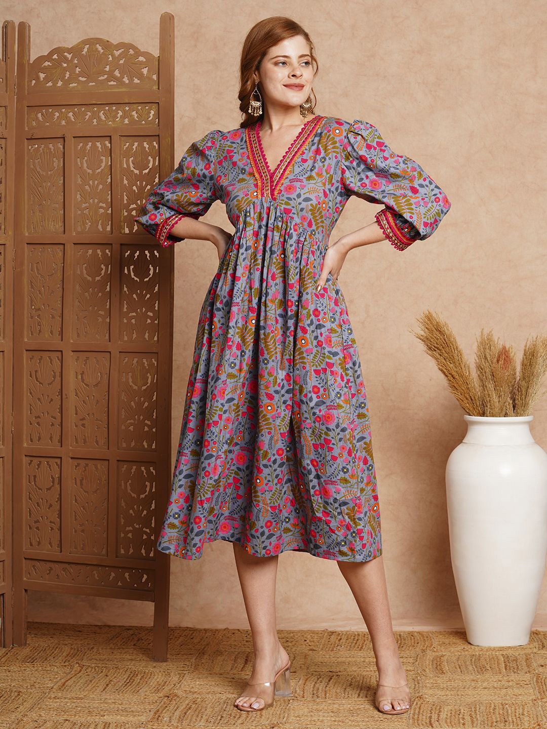 

FASHOR Floral Print A-Line Midi Dress, Blue