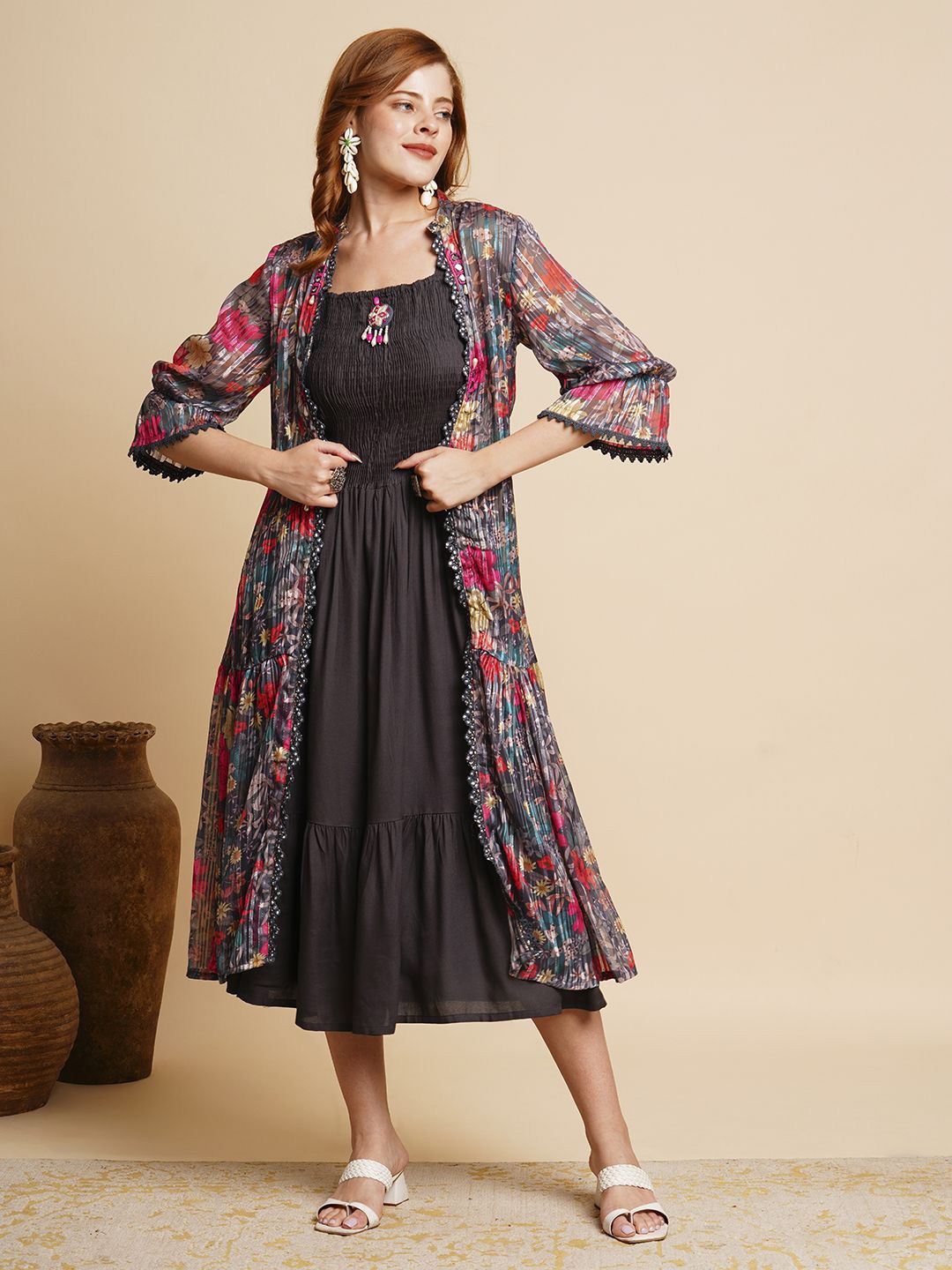 

FASHOR Floral Print Bell Sleeve A-Line Midi Dress, Grey