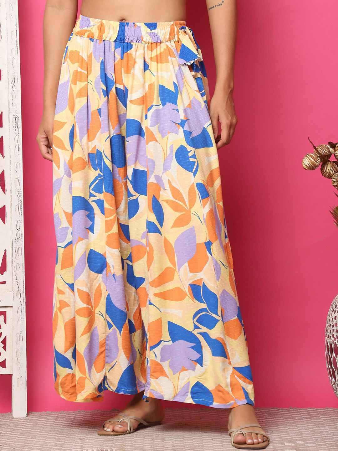 

TAG 7 Women Floral Printed Flared Palazzos, Beige