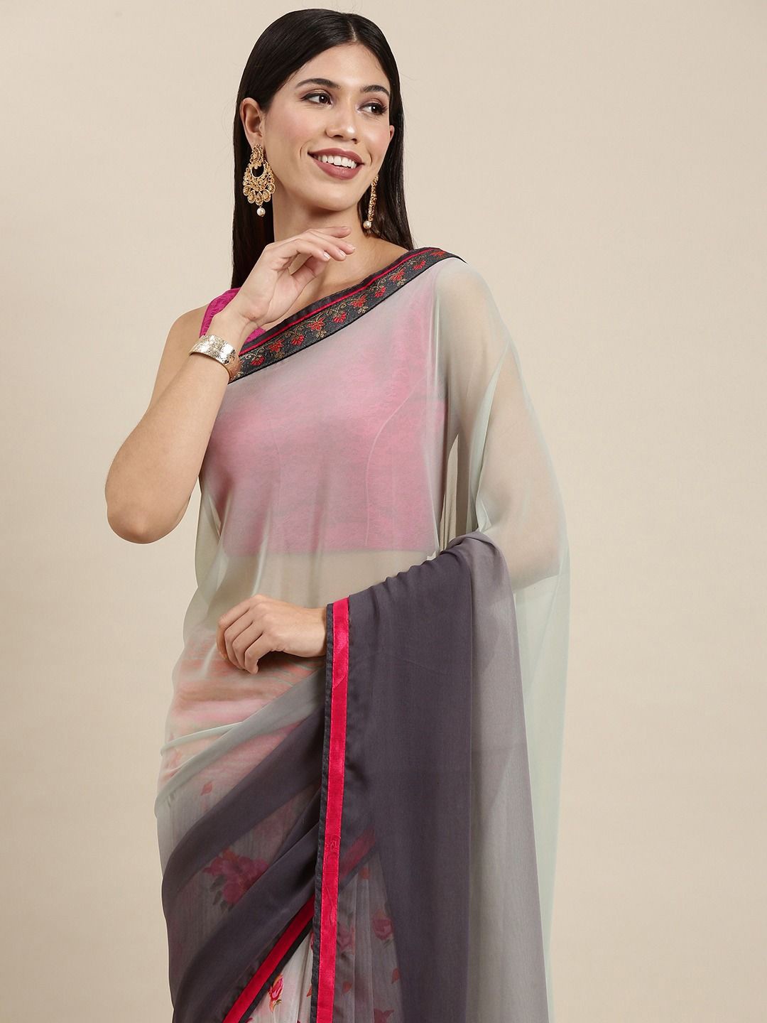 

VASTRANAND Floral Poly Georgette Half and Half Saree, Grey