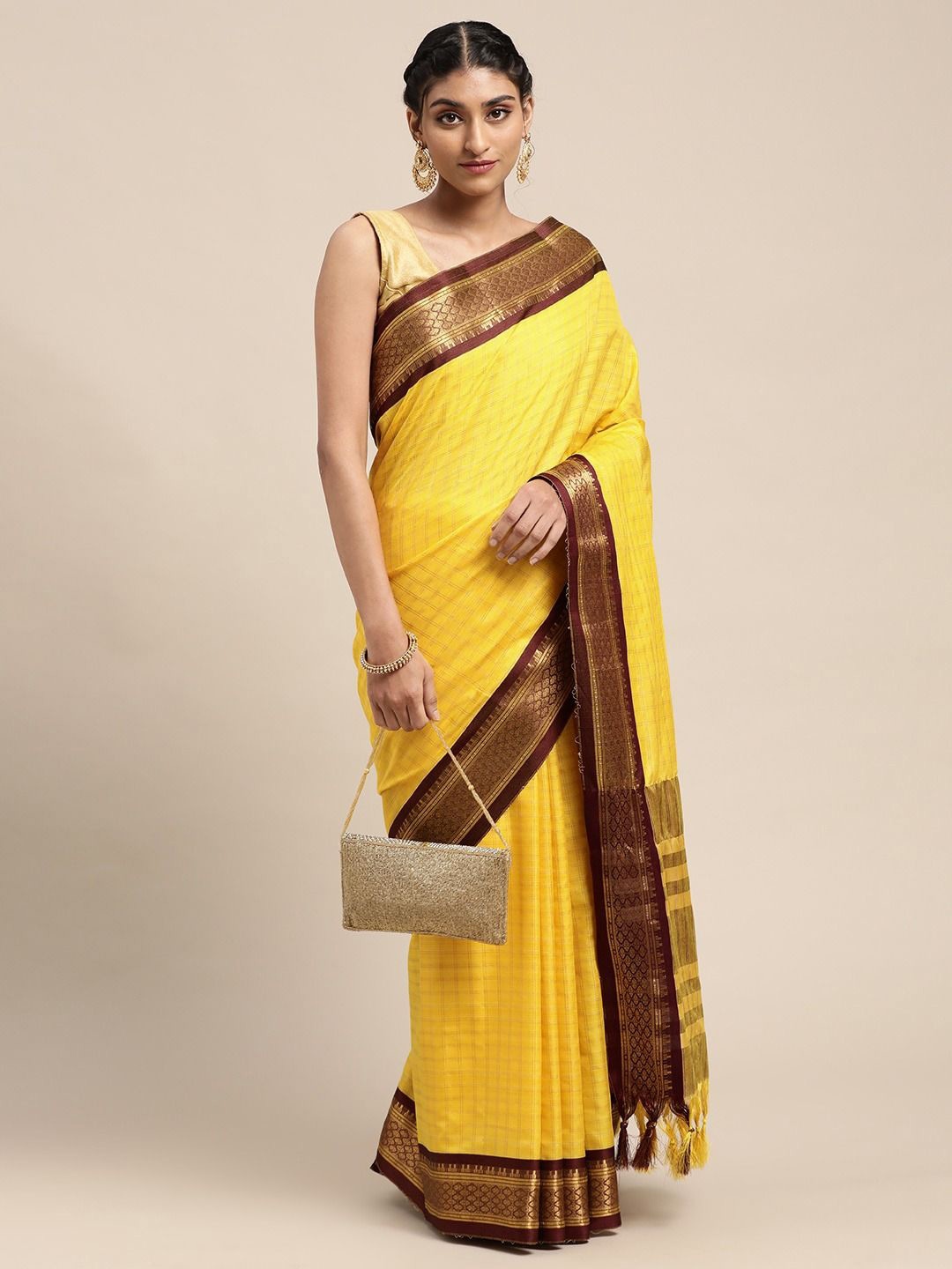 

VASTRANAND Checked Zari Pure Silk Gadwal Saree, Yellow