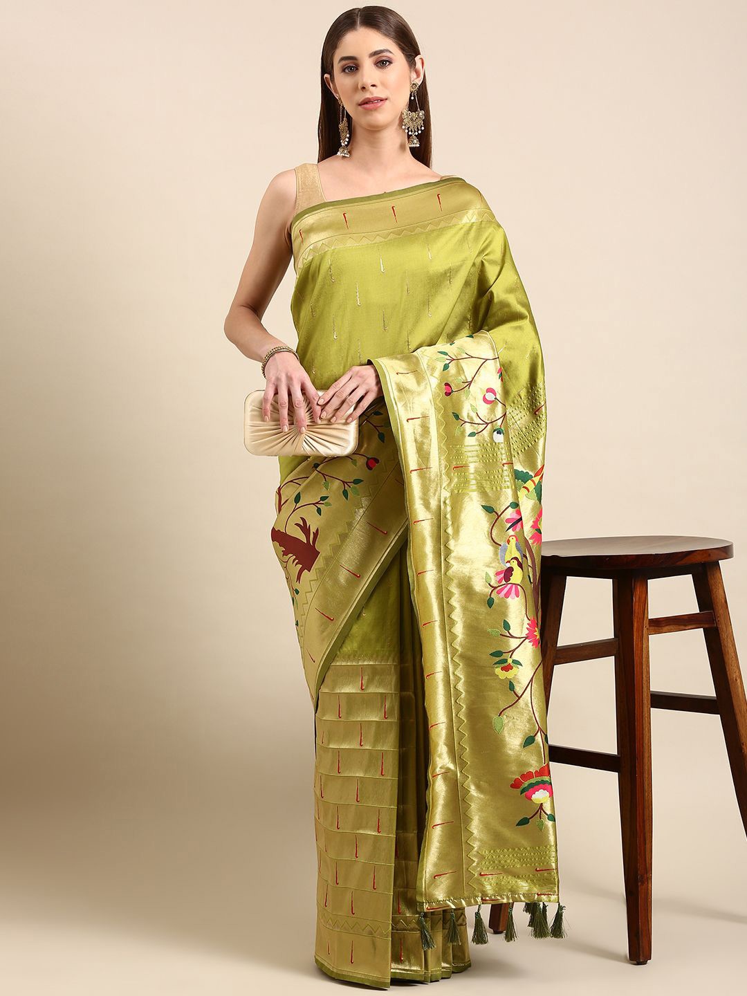 

VASTRANAND Paisley Zari Silk Blend Paithani Saree, Olive