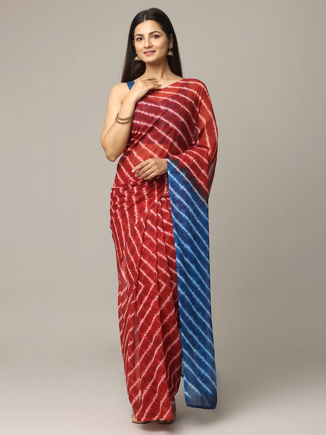 

VASTRANAND Striped Poly Georgette Dabu Saree, Blue